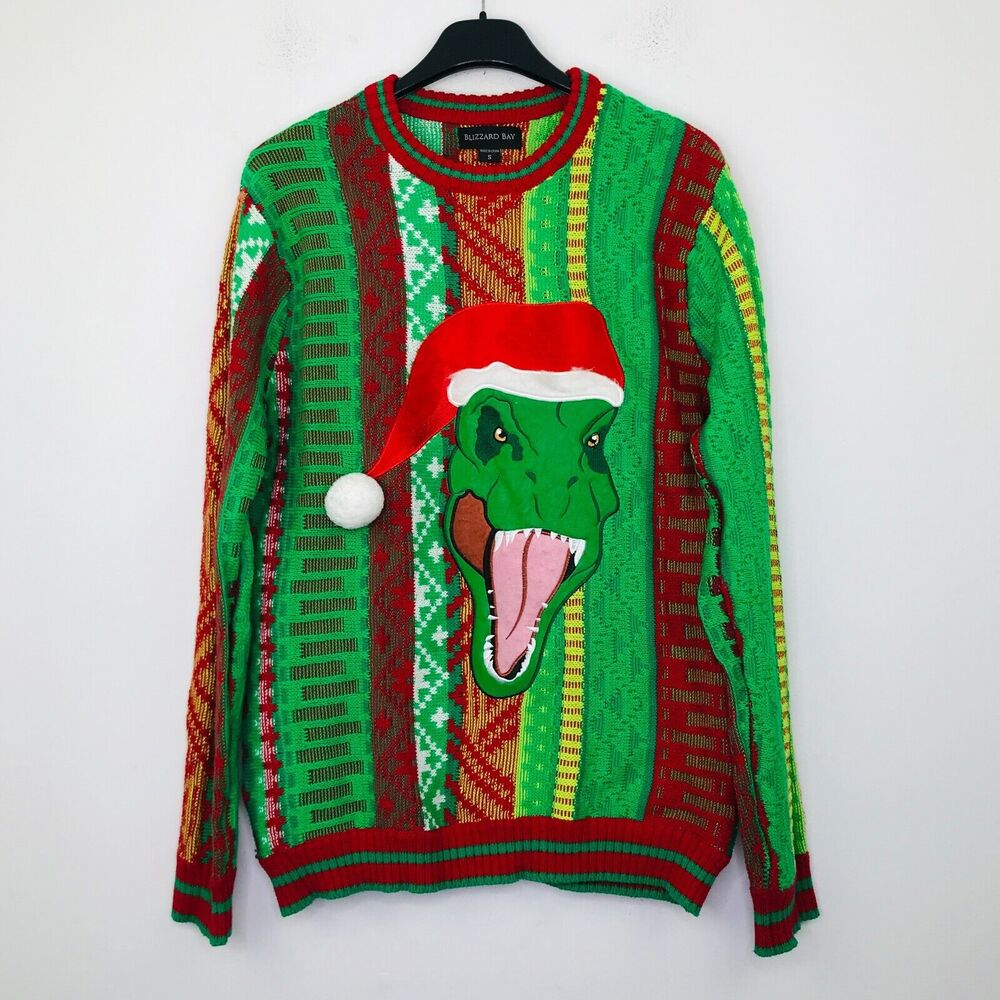 Blizzard Bay Men's Small Ugly Christmas Sweater Green T-Rex Dinosaur Embroidered